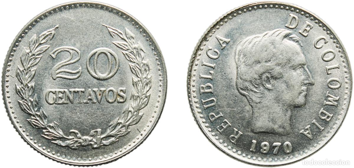 Monedas antiguas de Am&eacute;rica: Colombia Republic 1970 20 Centavos (legend divided before &rdquo;DE&rdquo;) Nickel clad steel (44358000) 4.59g