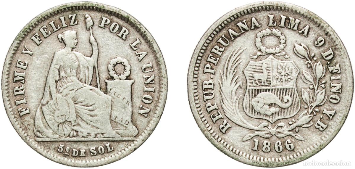 Monedas antiguas de Am&eacute;rica: Peru Republic 1866 YB ⅕ Sol Silver (.900) 4.48g XF KM 191