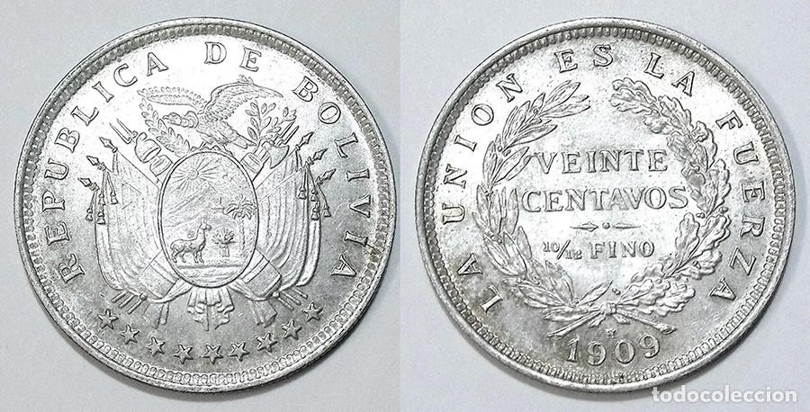 Monnaies anciennes d'Am&eacute;rique: BOLIVIA - 20 CENTAVOS - 1909.H - PLATA - NO CIRCULADA