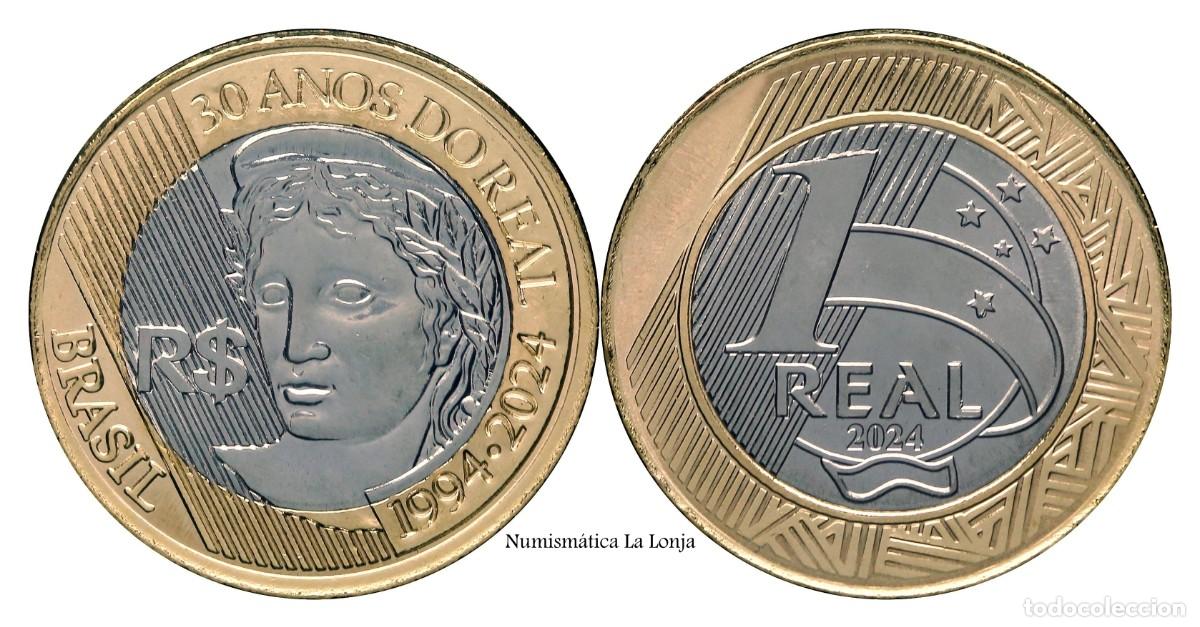Monedas antiguas de Am&eacute;rica: Brasil 1 Real Conmemorativa 30 a&ntilde;os de Real 2024 Km 738 Bimet&aacute;lica Sc Unc