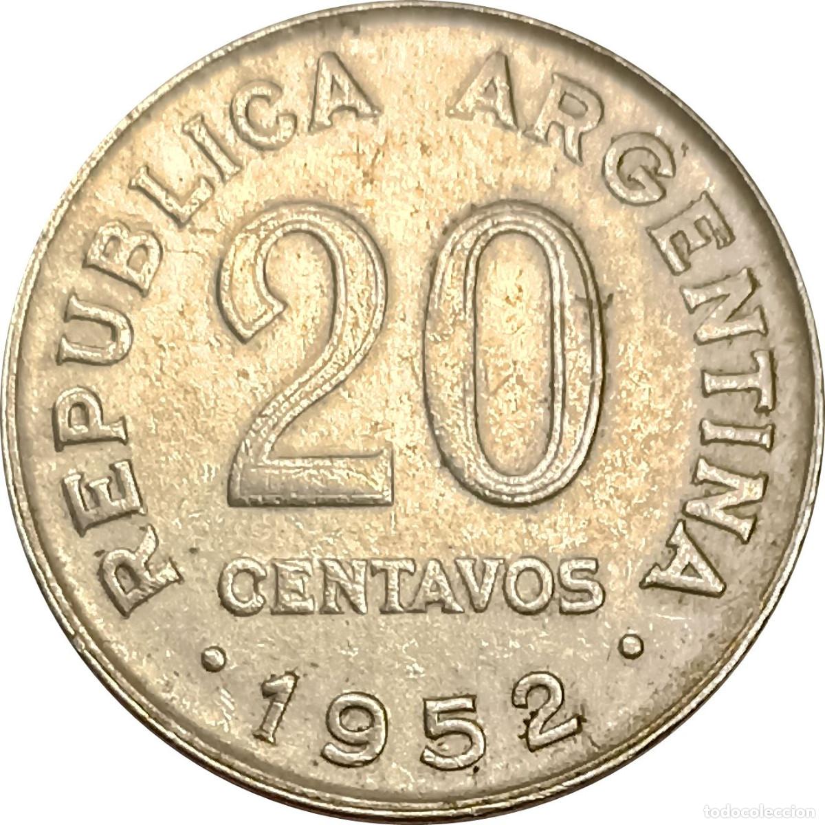 Monedas antiguas de Am&eacute;rica: &Omega; Argentina. Moneda de 20 centavos de 1952 (Jos&eacute; de San Mart&iacute;n). KM#48. (527).