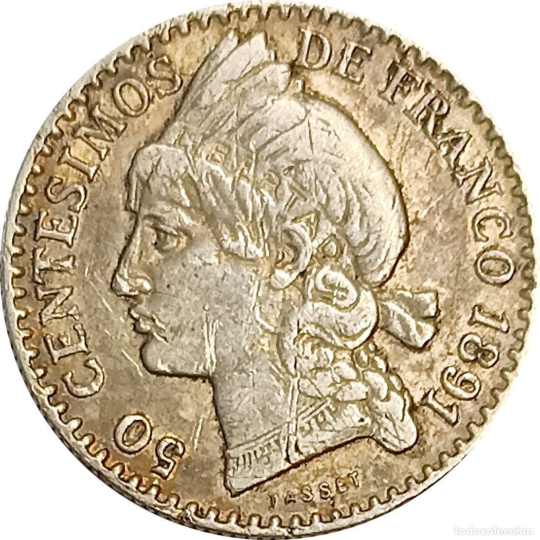 Monedas antiguas de Am&eacute;rica: Rep&uacute;blica Dominicana. Moneda de 50 cent&eacute;simos de franco de 1891. Marca ceca A. KM# 10. (080).