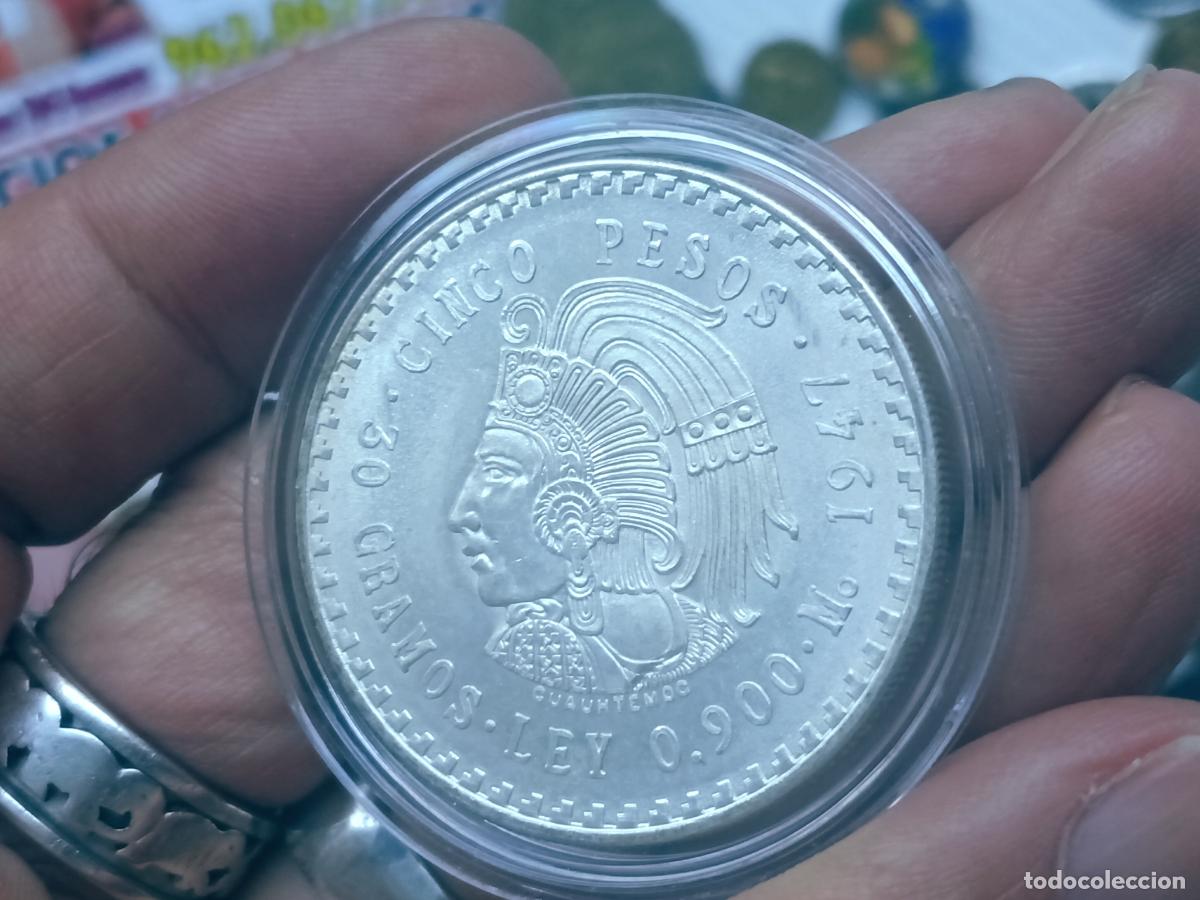 Monedas antiguas de Am&eacute;rica: 5 pesos de plata Mexico 1947 Cuahetemoc, SC