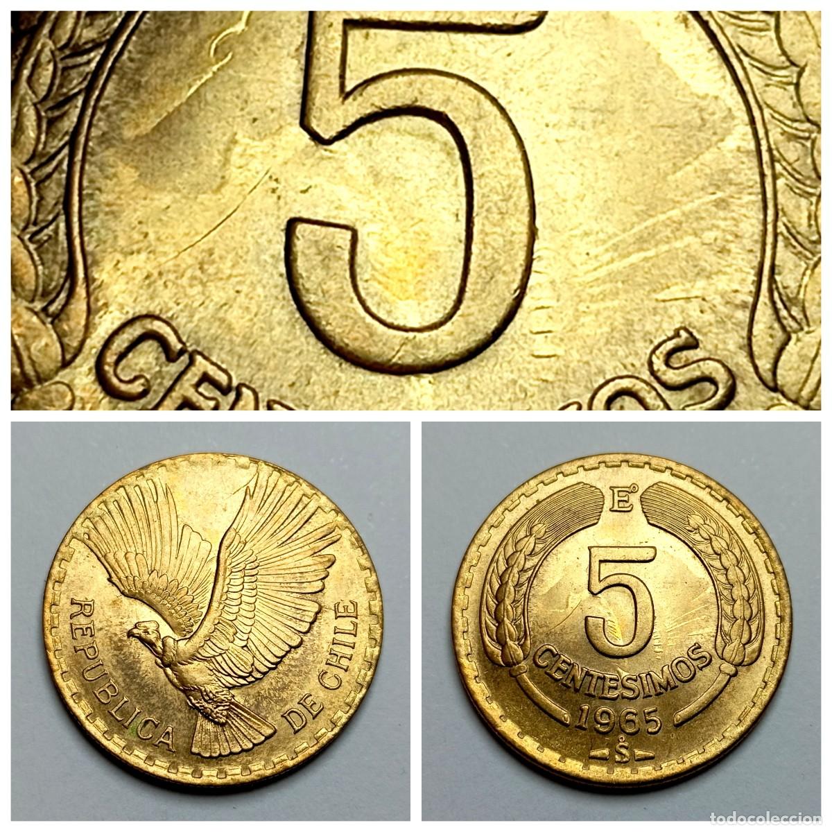 Monedas antiguas de Am&eacute;rica: ⚜️ BBE1 3. Error. Chile. 5 cent&eacute;simos 1965. Repinte / cu&ntilde;os chocados