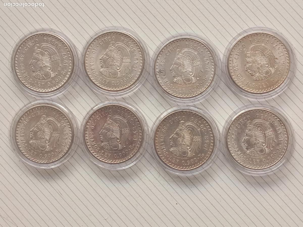 Monedas antiguas de Am&eacute;rica: 8 monedas de 5 pesos de plata Mexico 1948 y 1947 Cuahetemoc, SC
