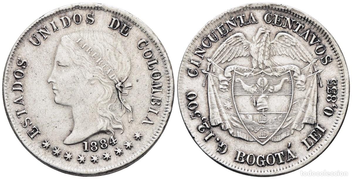 Monedas antiguas de Am&eacute;rica: *** MUY BONITOS 50 CENTAVOS DE COLOMBIA. 1884 BOGOT&Aacute;. KM#161.1. PLATA ***