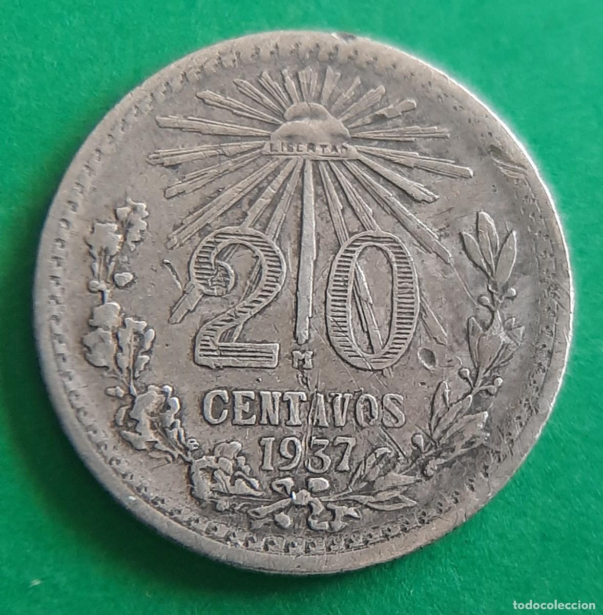 Alte M&uuml;nzen aus Amerika: (M&Eacute;XICO)(PLATA)(1937) 20 CENTAVOS
