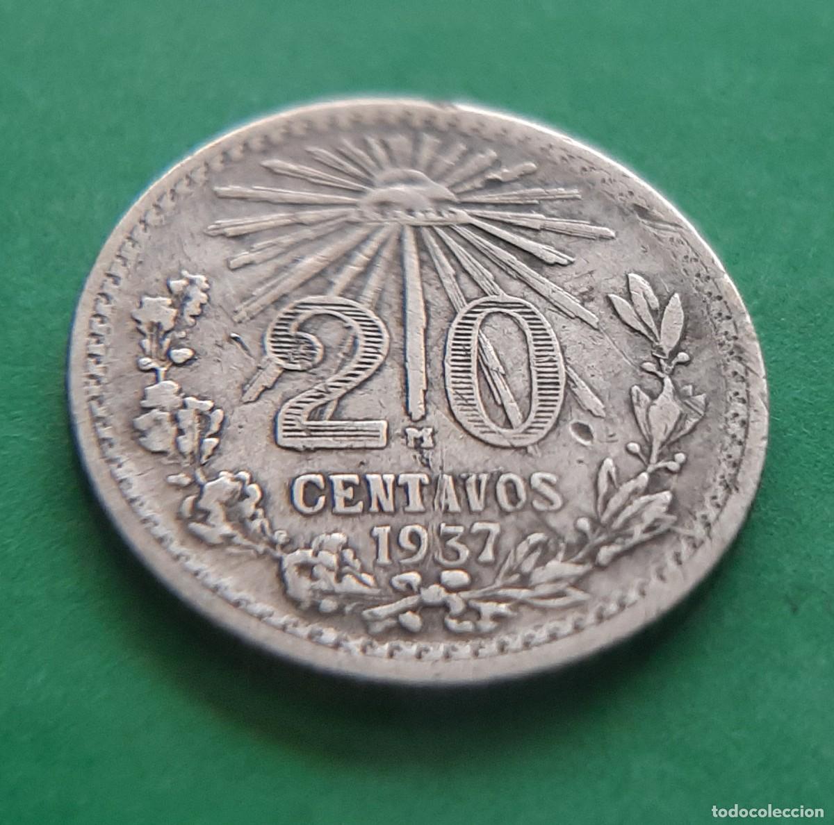 Monedas antiguas de Am&eacute;rica: (M&Eacute;XICO)(PLATA)(1937) 20 CENTAVOS - Foto 2