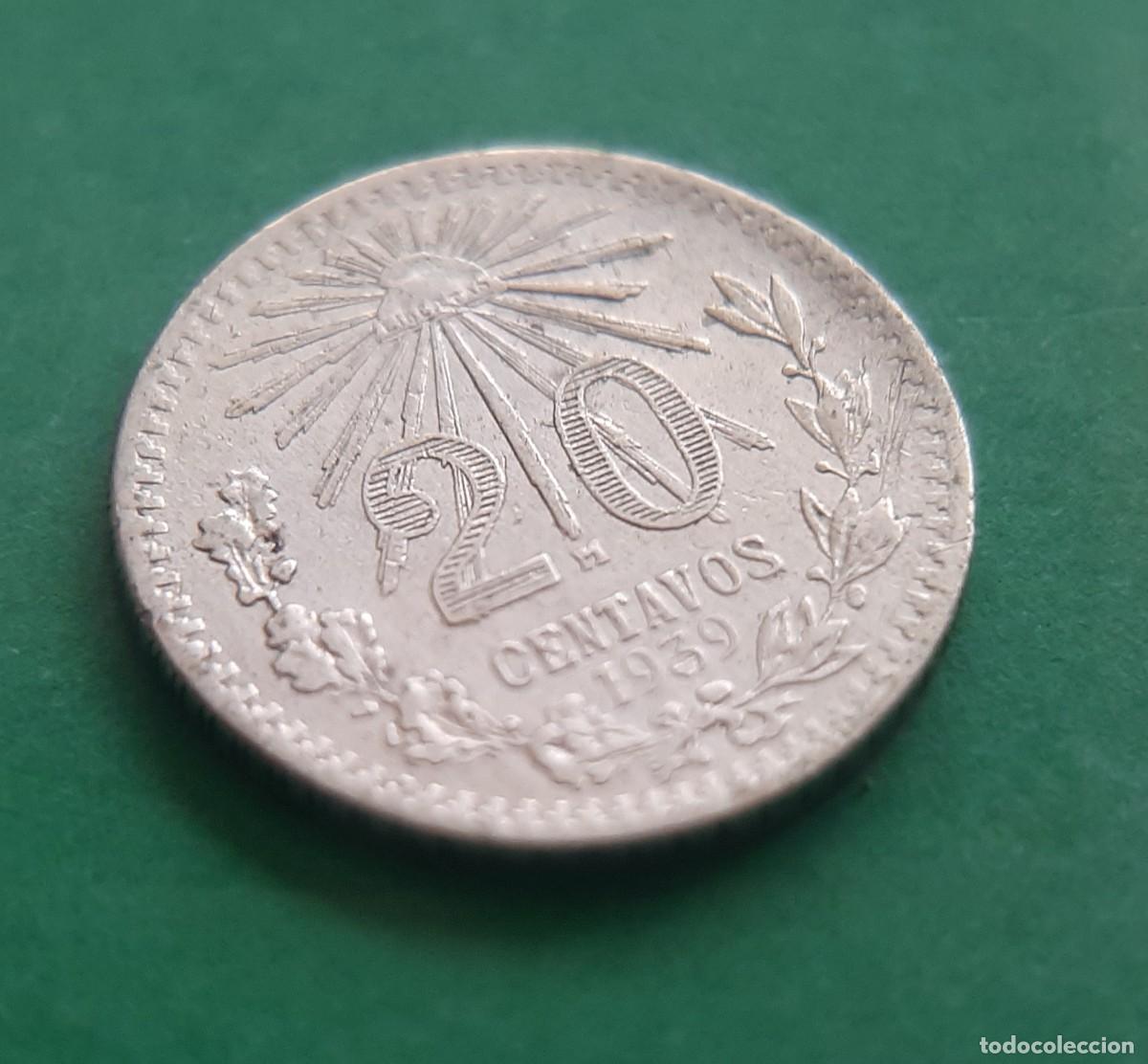 Monedas antiguas de Am&eacute;rica: (M&Eacute;XICO)(PLATA)(1939) 20 CENTAVOS - Foto 2