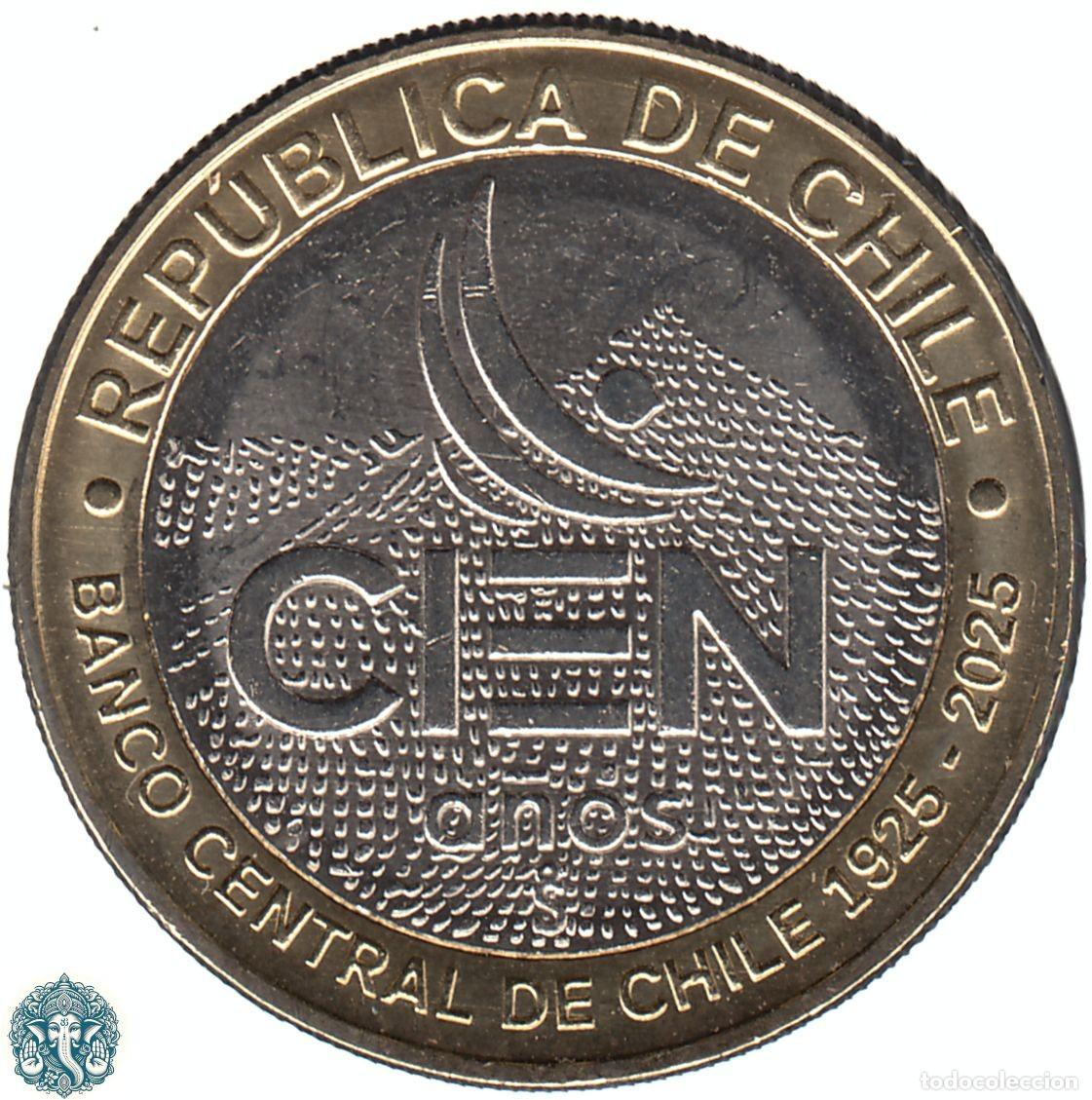 Monedas antiguas de Am&eacute;rica: CHILE 100 Pesos 2025 100 a&ntilde;os del Banco Central KM#- bimet&aacute;lica