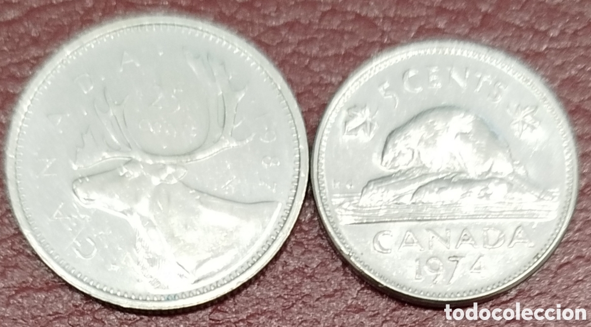 Monedas antiguas de Am&eacute;rica: Canada. 25 cent (87) + 5 cent (74) - Foto 1