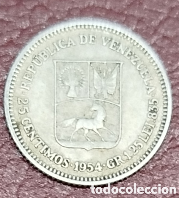 Monedas antiguas de Am&eacute;rica: Venezuela 25 c&eacute;ntimos 1954 plata ley 835