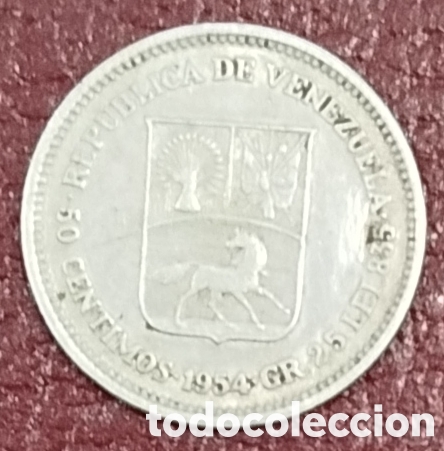 Monedas antiguas de Am&eacute;rica: Venezuela 1954 50 c&eacute;ntimos plata ley 835
