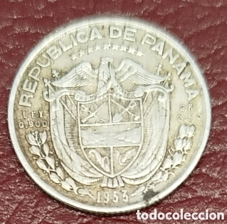 Monedas antiguas de Am&eacute;rica: Panam&aacute; 1953 1/10 de balboa. Un d&eacute;cimo. 2,5g. Plata ley 900