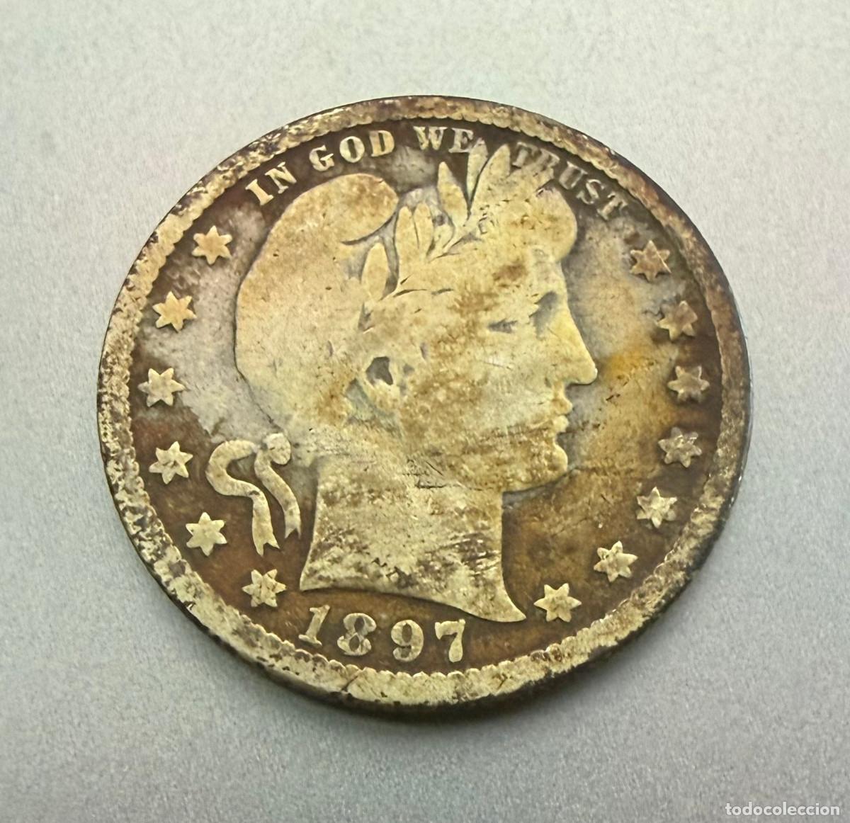 Monedas antiguas de Am&eacute;rica: 25 centavos de d&oacute;lar estadounidense 1897-O (Barber Quarter) Plata