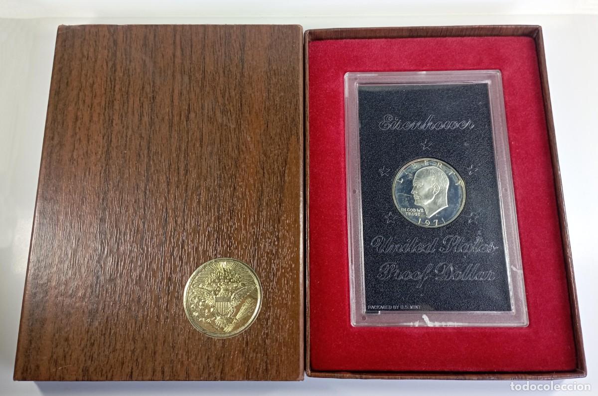 Monedas antiguas de Am&eacute;rica: Estuche moneda de Estados Unidos (USA) 1 dollar Eisenhower de 1971 de plata