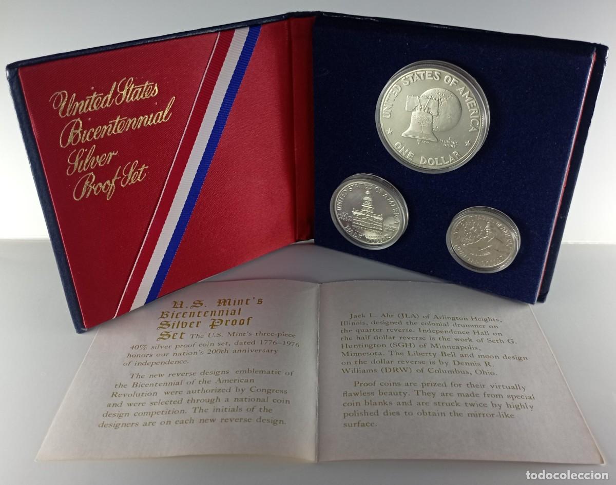 Monedas antiguas de Am&eacute;rica: Estuche con 3 monedas conmemorativas del Bicentenario de Estados Unidos (USA) 1776-1976 de plata