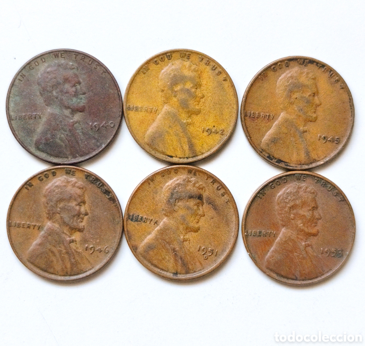 Monedas antiguas de Am&eacute;rica: Estados Unidos, 1 Cent &rdquo;Lincoln - Wheat Ears Reverse&rdquo; (x6 monedas) 1940,42,45,46,51-D y 53