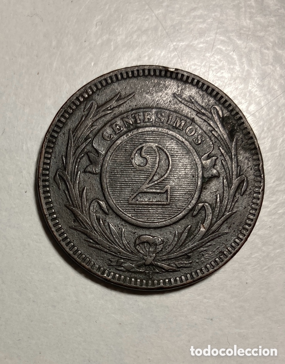 Monedas antiguas de Am&eacute;rica: Uruguay 2 cent&eacute;simos 1869 - Foto 2