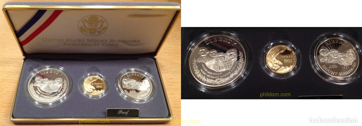 Monedas antiguas de Am&eacute;rica: 1574 ESTADOS UNIDOS 1991 1991 U.S Mint Mount Rushmore Anniversary Gold & Silver 3 Coin Proof Set
