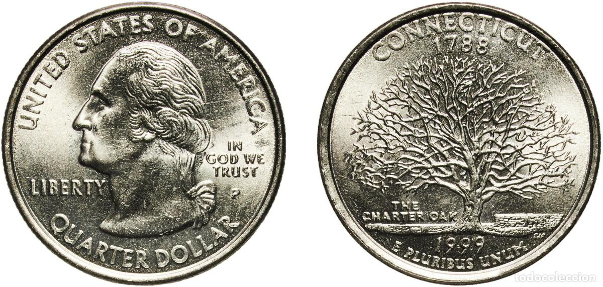 Monete antiche di America: United States Federal republic 1999 P &frac14; Dollar &rdquo;Washington Quarter&rdquo; (Connecticut) Copper-nickel cla