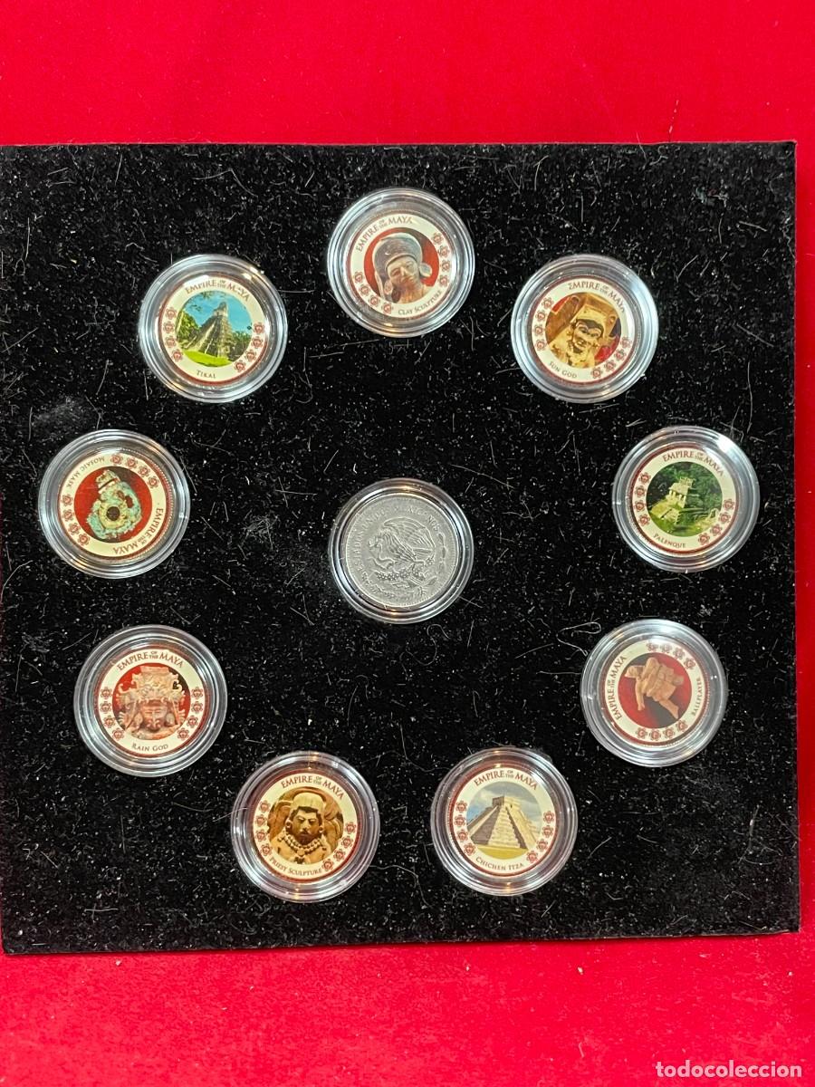 Monedas antiguas de Am&eacute;rica: Set Colecci&oacute;n Imperio Maya 10 Medallas Color Chichen Itza Tikal sobre Monedad M&eacute;xico. Excelente EBC+