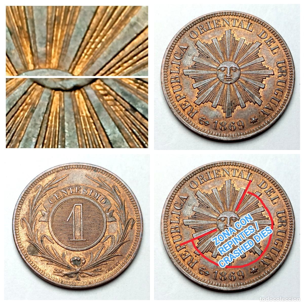 Monedas antiguas de Am&eacute;rica: ⚜️ BBE7 7. Error repintes 63%. Uruguay. 1 cent&eacute;simo 1869 A