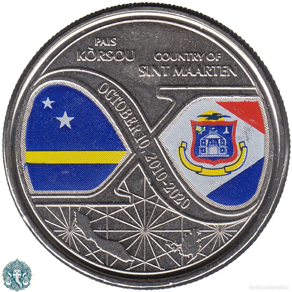 Monedas antiguas de Am&eacute;rica: ANTILLAS NEERLANDESAS 5 Florines Gulden 2020 Curazao y San Martin KM#100 HOLANDESAS coloreada