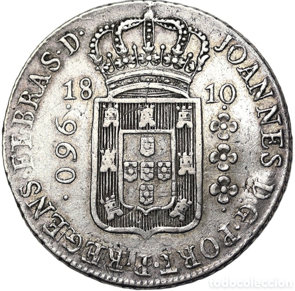 Monedas antiguas de Am&eacute;rica: 960 re&iacute;s de plata acu&ntilde;ada sobre un 8 reales espa&ntilde;ol a&ntilde;o 1810 acu&ntilde;ada en R&iacute;o de Janeiro