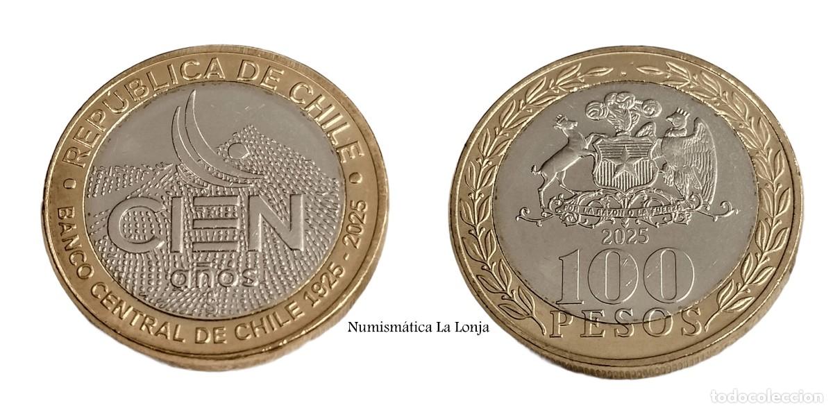 Monedas antiguas de Am&eacute;rica: Chile 100 Pesos Conmemorativa 100 a&ntilde;os del Banco 2025 Km Nuevo Sc Unc