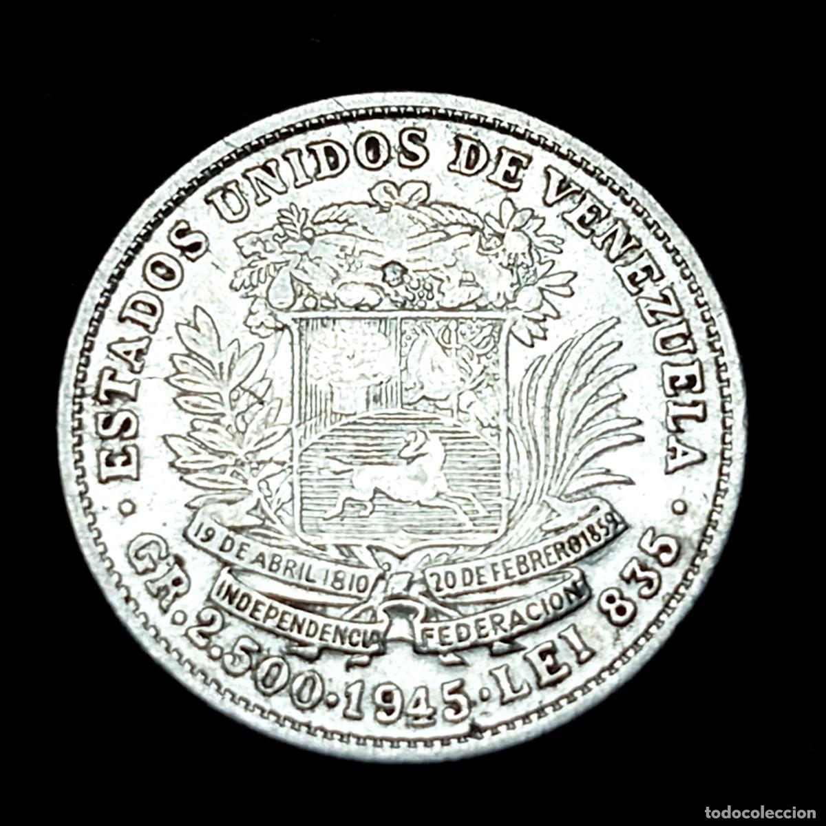 Monedas antiguas de Am&eacute;rica: ⚜️ BBE9 7. Plata. Venezuela. 1/2 Bol&iacute;var 1945