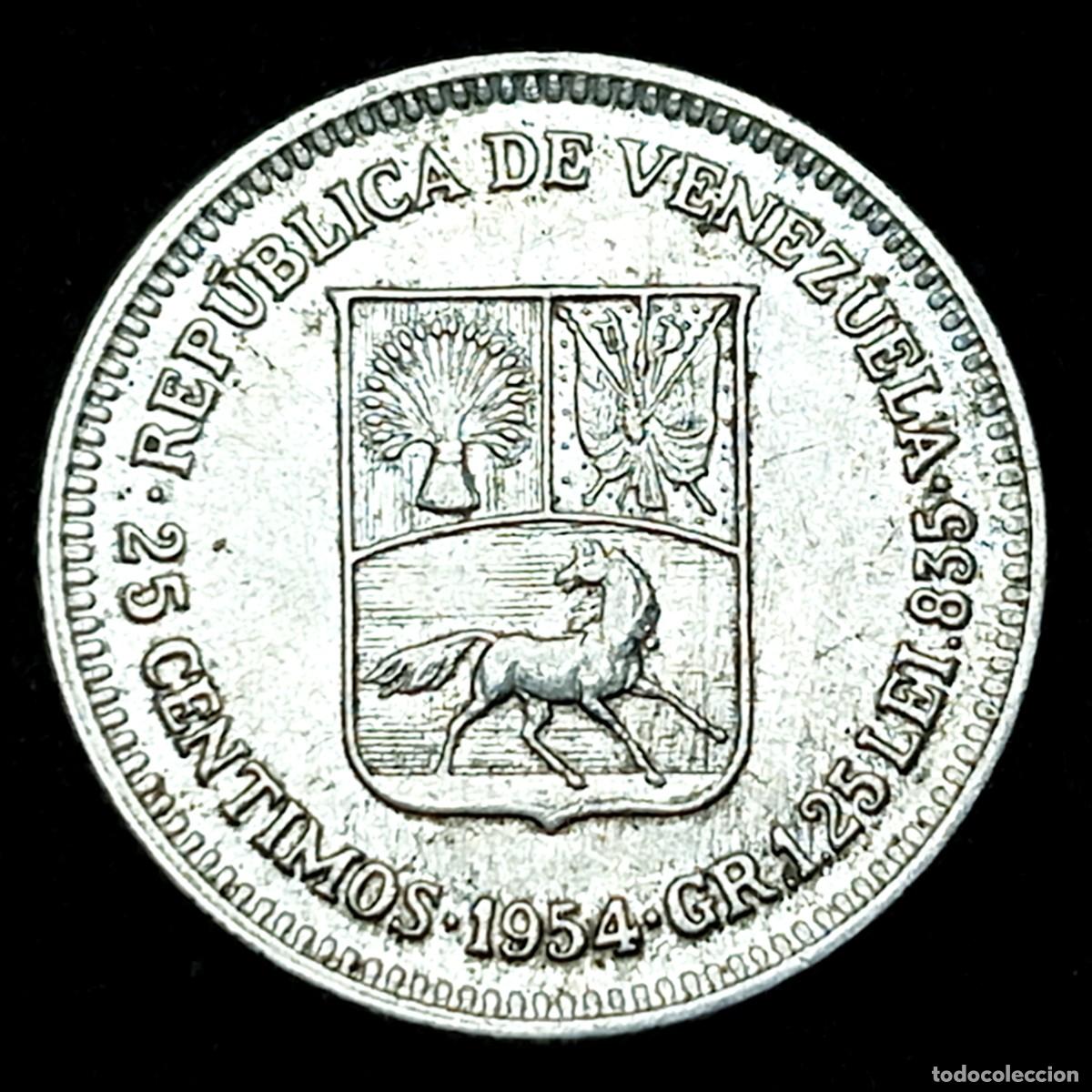 Monedas antiguas de Am&eacute;rica: ⚜️ BBE9 6. Plata. Venezuela. 25 c&eacute;ntimos 1954