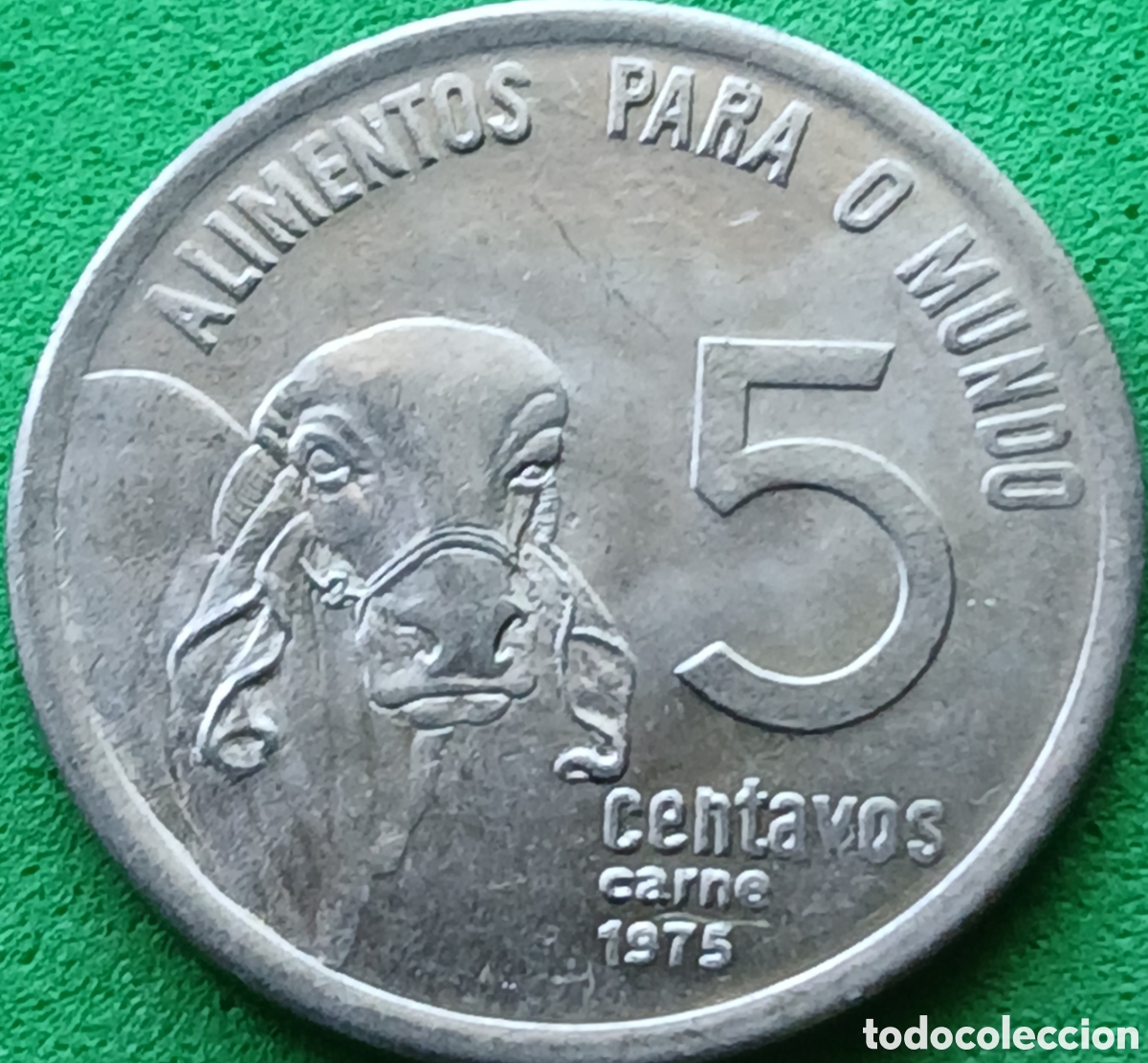 Monedas antiguas de Am&eacute;rica: Brasil 5 centavos 1975 km#587 FAO, Ceb&uacute; , sin ondas