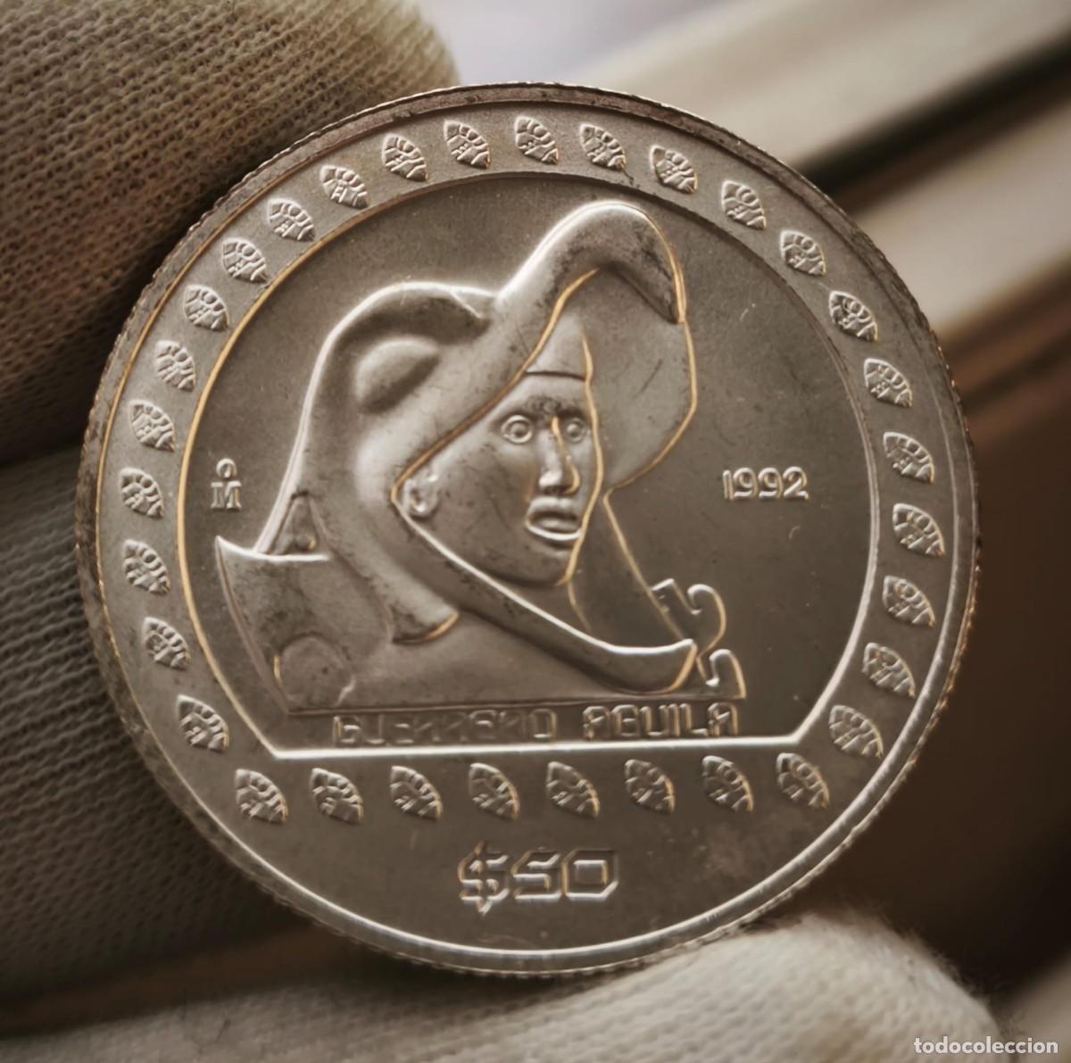 Monedas antiguas de Am&eacute;rica: M&eacute;xico 50 Pesos Guerrero &Aacute;guila 1992 Km 555 1/2 Onza Plata Pura