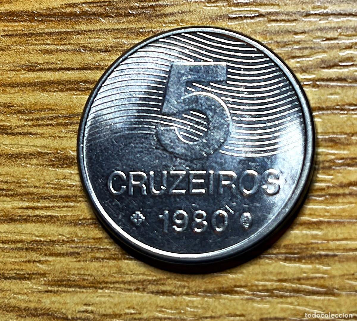 Monedas antiguas de Am&eacute;rica: Brasil - moneda de 5 cruzeiros-a&ntilde;o 1980 - acero inox. - excelente ejemplar - ver fotos