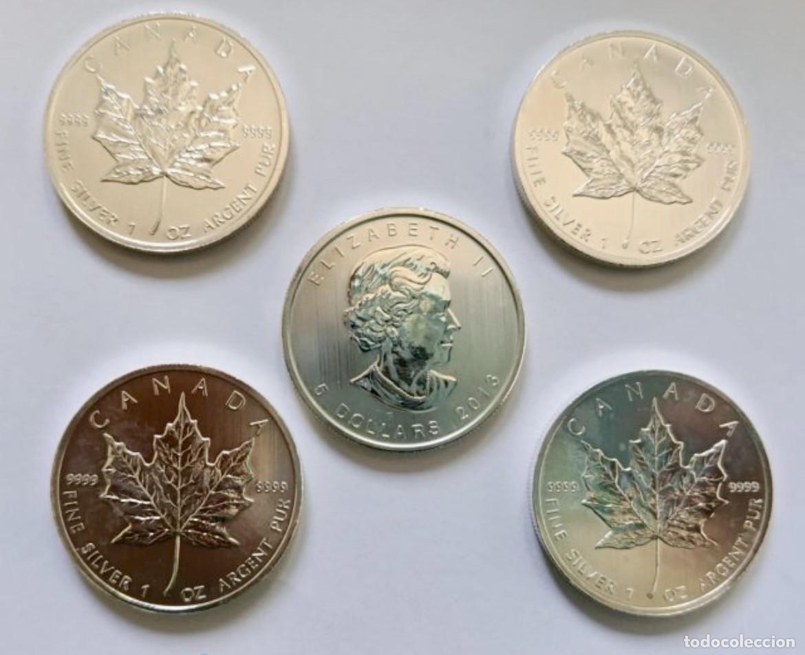 Monedas antiguas de Am&eacute;rica: Lote 5 Onzas Plata Maple Leaf (Canad&aacute;).