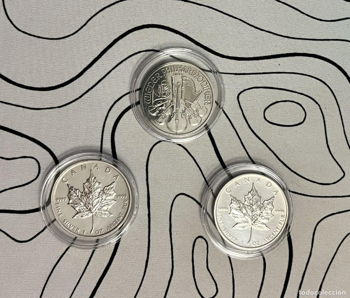 Monedas antiguas de Am&eacute;rica: 3 Onzas Plata: 2 Maple Leaf + 1 Filarm&oacute;nica