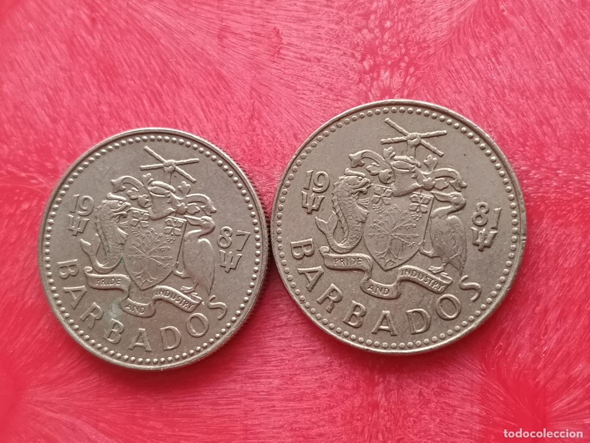 Monedas antiguas de Am&eacute;rica: Barbados. 2 monedas de 25 cents 1981 y 1987