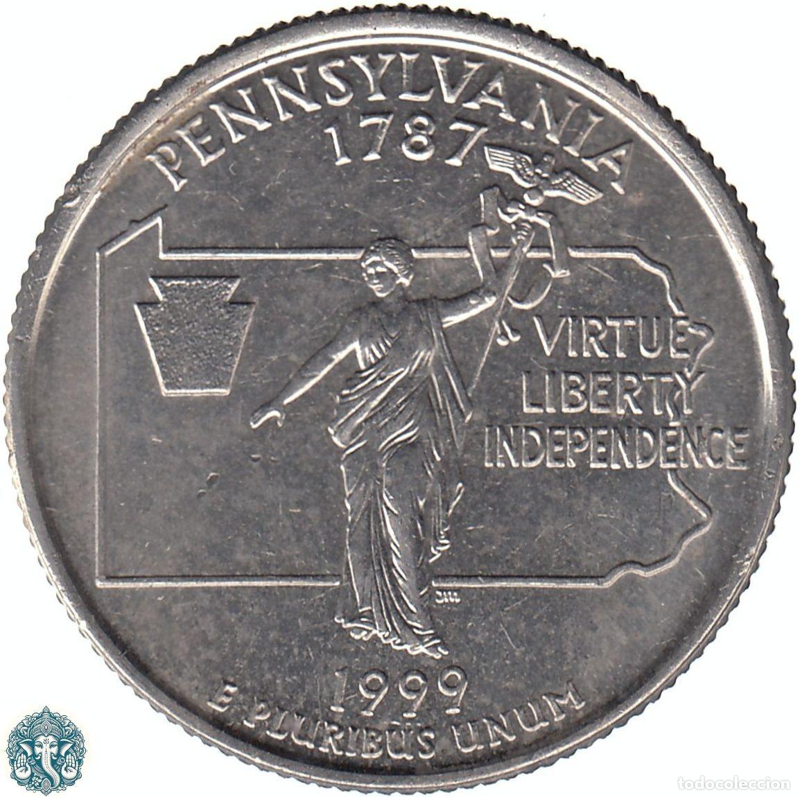 Monedas antiguas de Am&eacute;rica: ESTADOS UNIDOS &frac14; D&oacute;lar Cuarto 1999 Ceca P (Filadelfia) Estado de Pensilvania KM#294