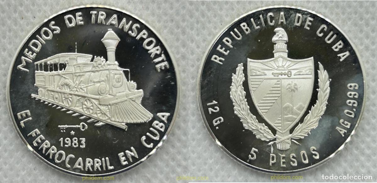 Monedas antiguas de Am&eacute;rica: 4055 CUBA 1983 CUBA 5 PESOS 1983 FERROCARIL MEDIOS DE TRANSPORTE 1983