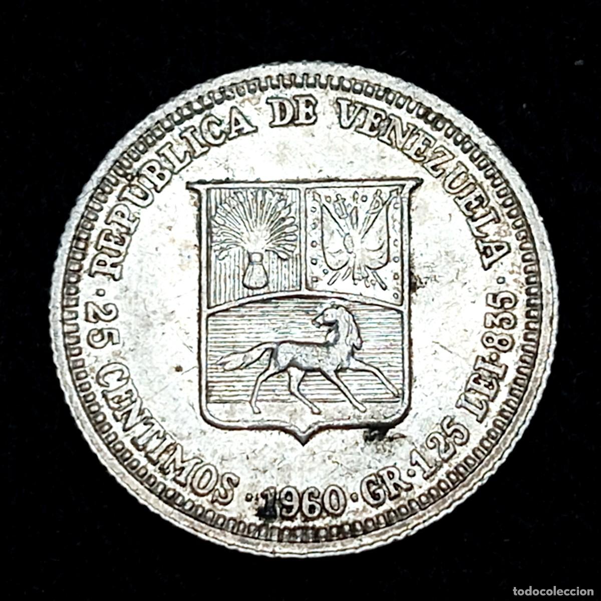 Monedas antiguas de Am&eacute;rica: ⚜️ BBG0 5. Plata. Venezuela. 25 c&eacute;ntimos 1960