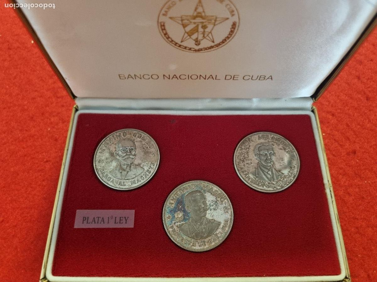 Monedas antiguas de Am&eacute;rica: ESTUCHE 3 MONEDAS PLATA CUBA 20 PESOS CONMEMORATIVAS 1977 LIDERES REVOLUCION ORIGINAL K