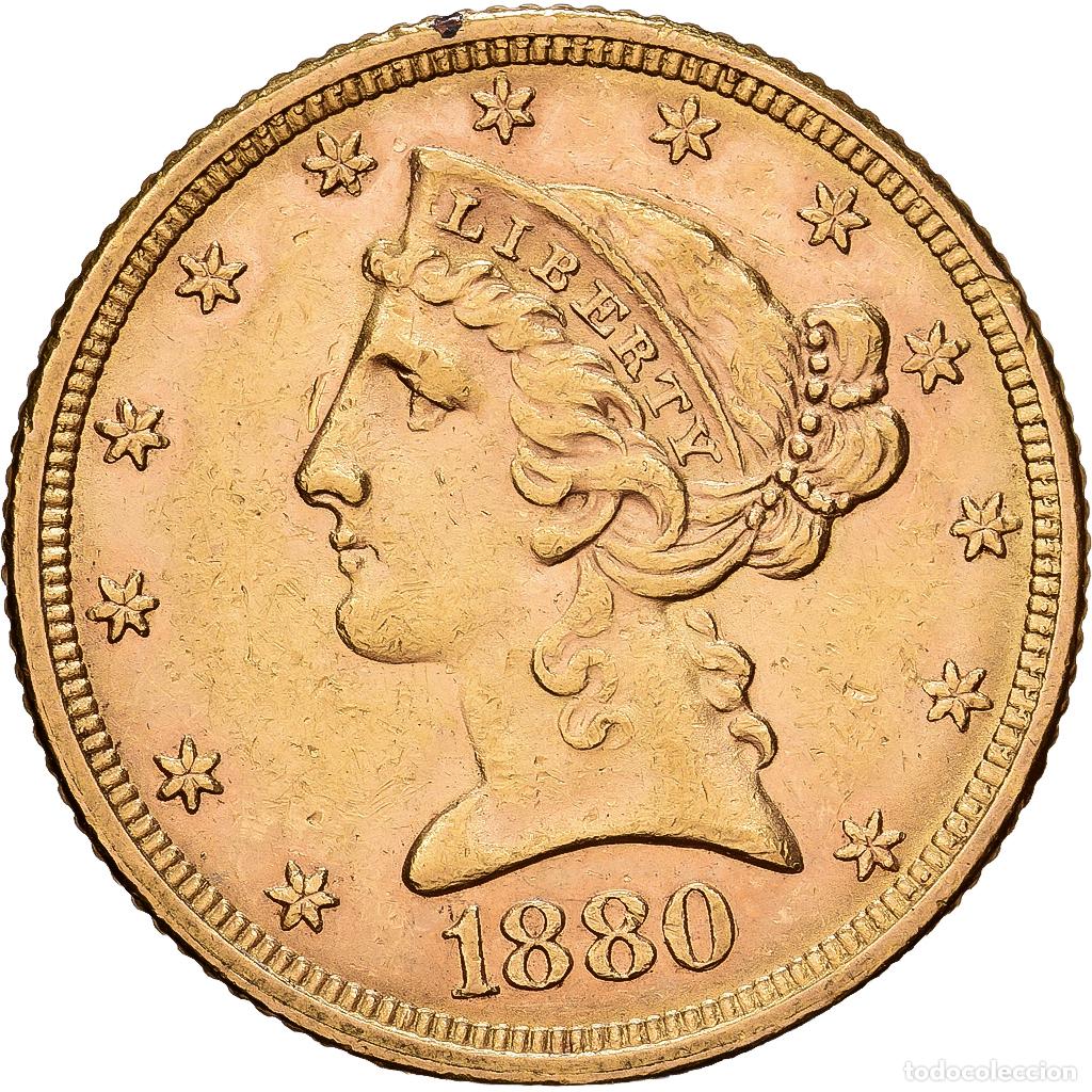 Monedas antiguas de Am&eacute;rica: [#1551166] Estados Unidos, $5, Half Eagle, Coronet Head, 1880, U.S. Mint, Oro, MBC+, KM:101