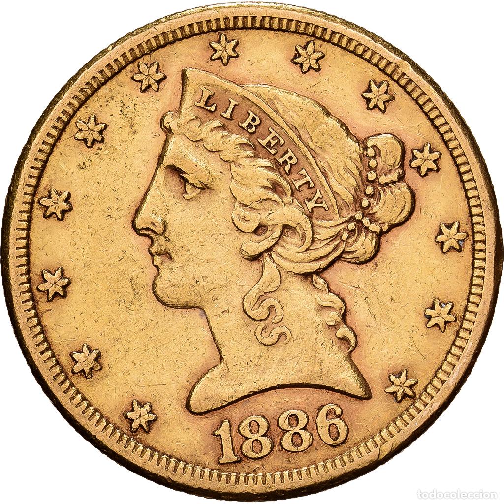 Monedas antiguas de Am&eacute;rica: [#1551168] Estados Unidos, $5, Half Eagle, Coronet Head, 1886, U.S. Mint, Oro, MBC, KM:101