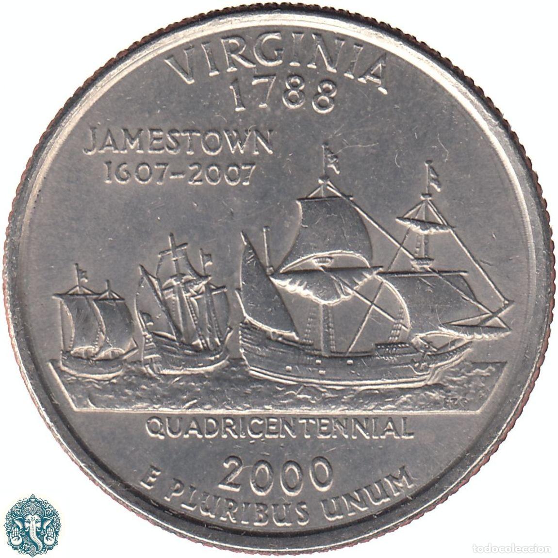 Monedas antiguas de Am&eacute;rica: ESTADOS UNIDOS &frac14; D&oacute;lar Cuarto 2000 Ceca P (Filadelfia) Estado de Virginia KM#309
