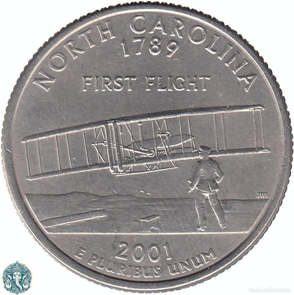 Monedas antiguas de Am&eacute;rica: ESTADOS UNIDOS &frac14; D&oacute;lar Cuarto 2001 Ceca P (Filadelfia) Estado de Carolina del Norte KM#319
