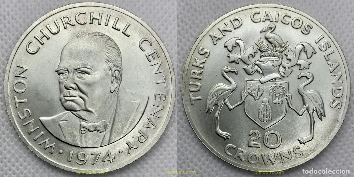 Monedas antiguas de Am&eacute;rica: 2593 TURKS Y CAICOS 1974 TURKS AND CAICOS 20 CROWNS 1974 WINSTON CHURCHILL