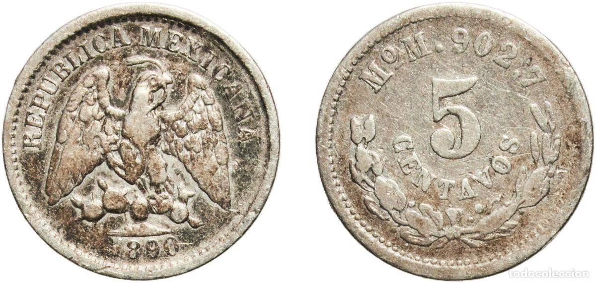 Monedas antiguas de Am&eacute;rica: Mexico Federal Republic 1890 Mo M 5 Centavos Silver (.9027) Mexican Mint (1694000) 1.28g VF KM 398.
