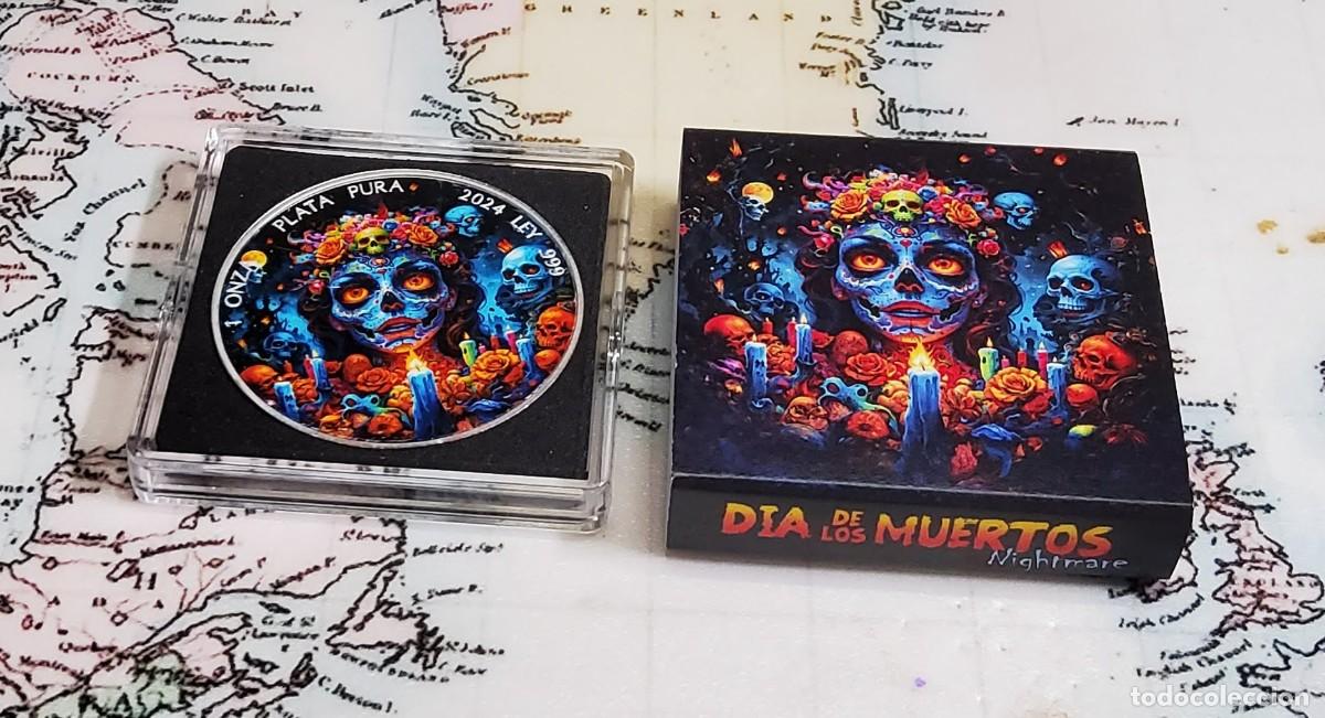 Monedas antiguas de Am&eacute;rica: 1 ONZA DE PLATA Y ESMALTES DE MEXICO DE 2024.DIA DE LOS MUERTOS.PLATA PURA 999.PROO