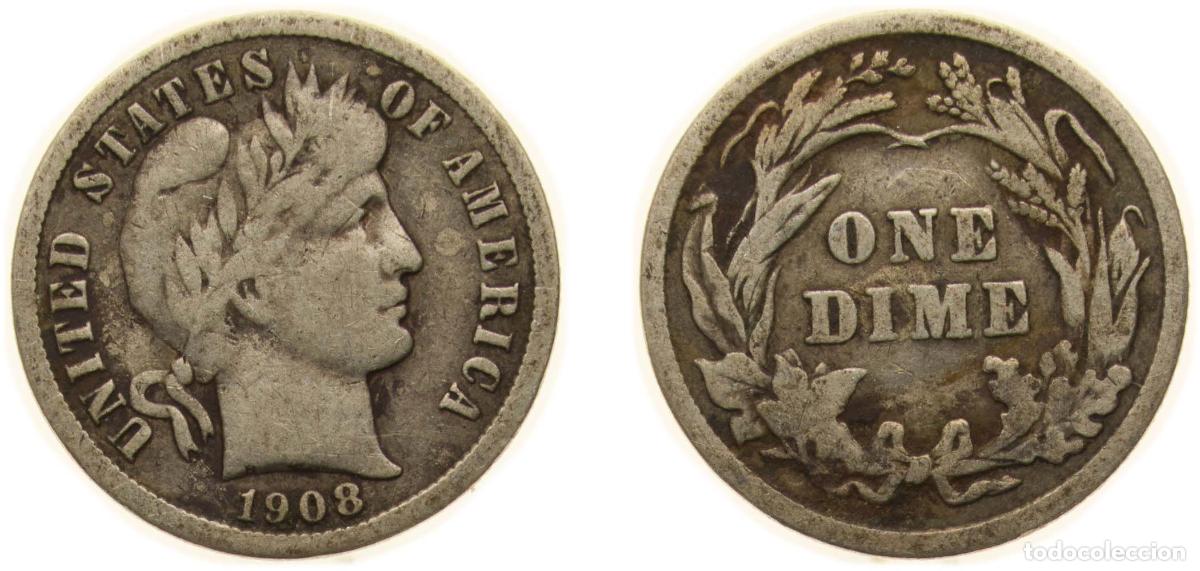 Monedas antiguas de Am&eacute;rica: United States Federal republic 1908 1 Dime &rdquo;Barber Dime&rdquo; Silver (.900) (.100 copper) Philadelphia M